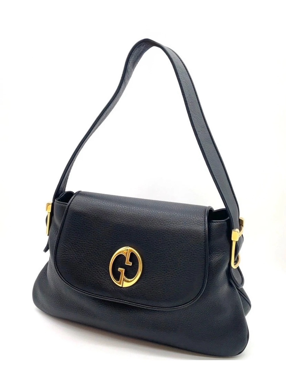 Gucci Black Pebbled Leather Shoulder Hand Bag Gold GG Logo Hardware